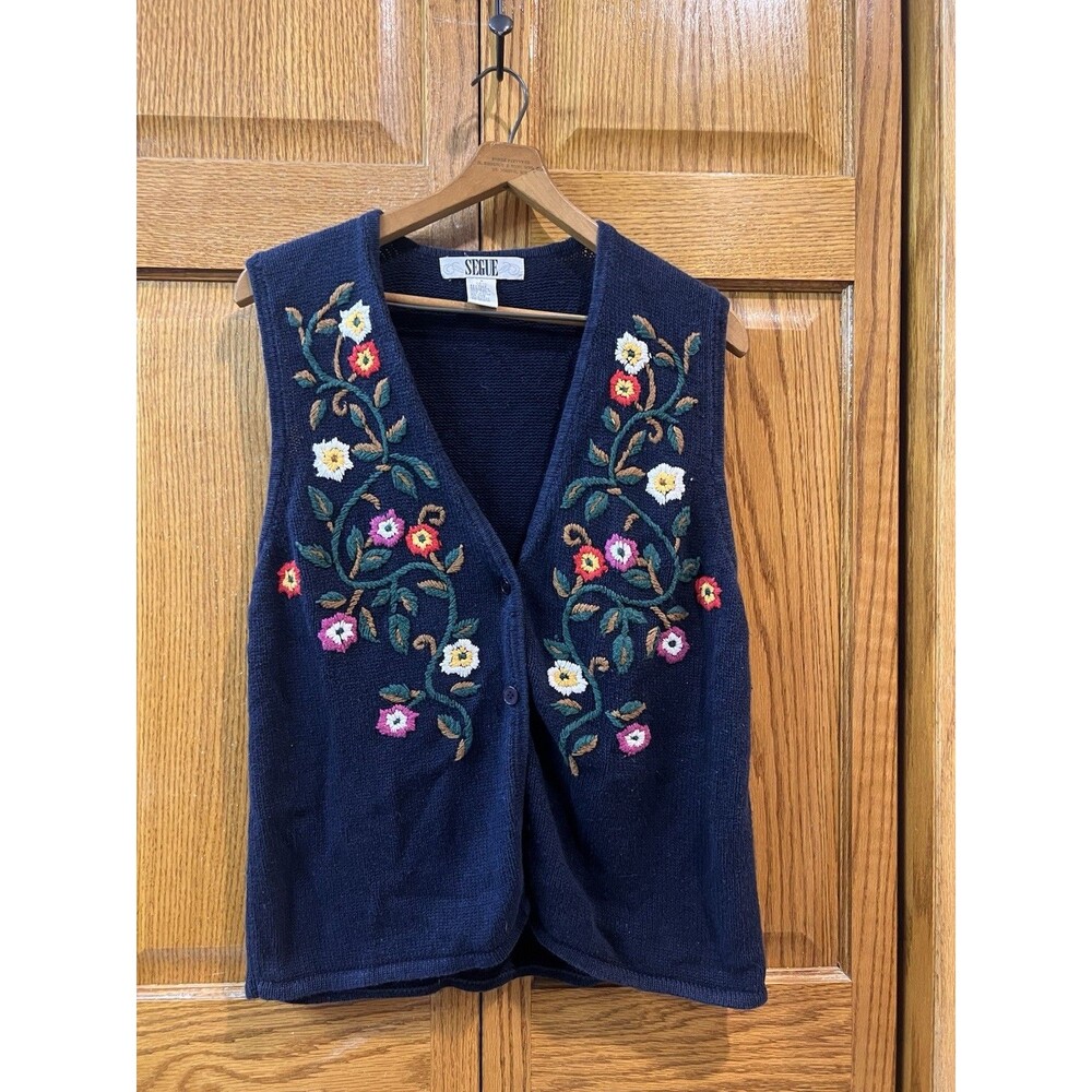 Vintage Segue Navy Blue Knit Sweater Vest Floral Embroidered Size M